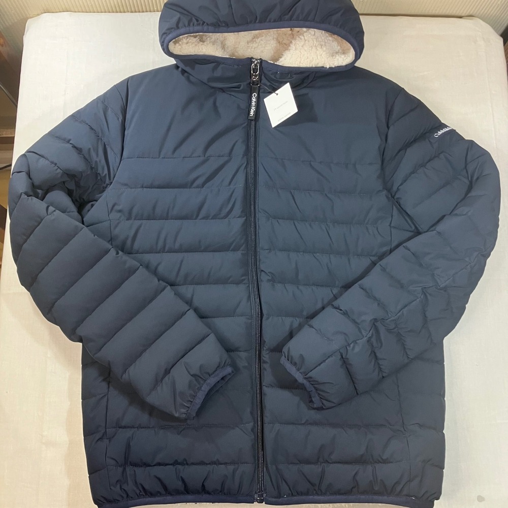 Calvin Klein Mens Navy Infinite Stretch Sherpa Lined Puffer Jacket Small 7F Warm